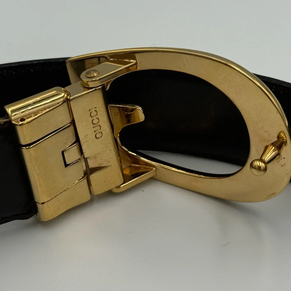 Gucci Gold G Reversible Black and Brown Leather Belt - Picture 6 of 7